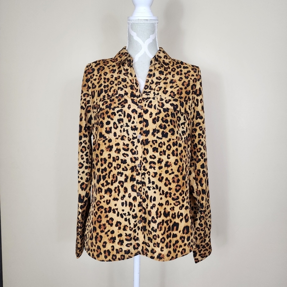 SUNG Alfred Sung Leopard Print Blouse Top Button Down Shirt Animal Print Small - Picture 6 of 14